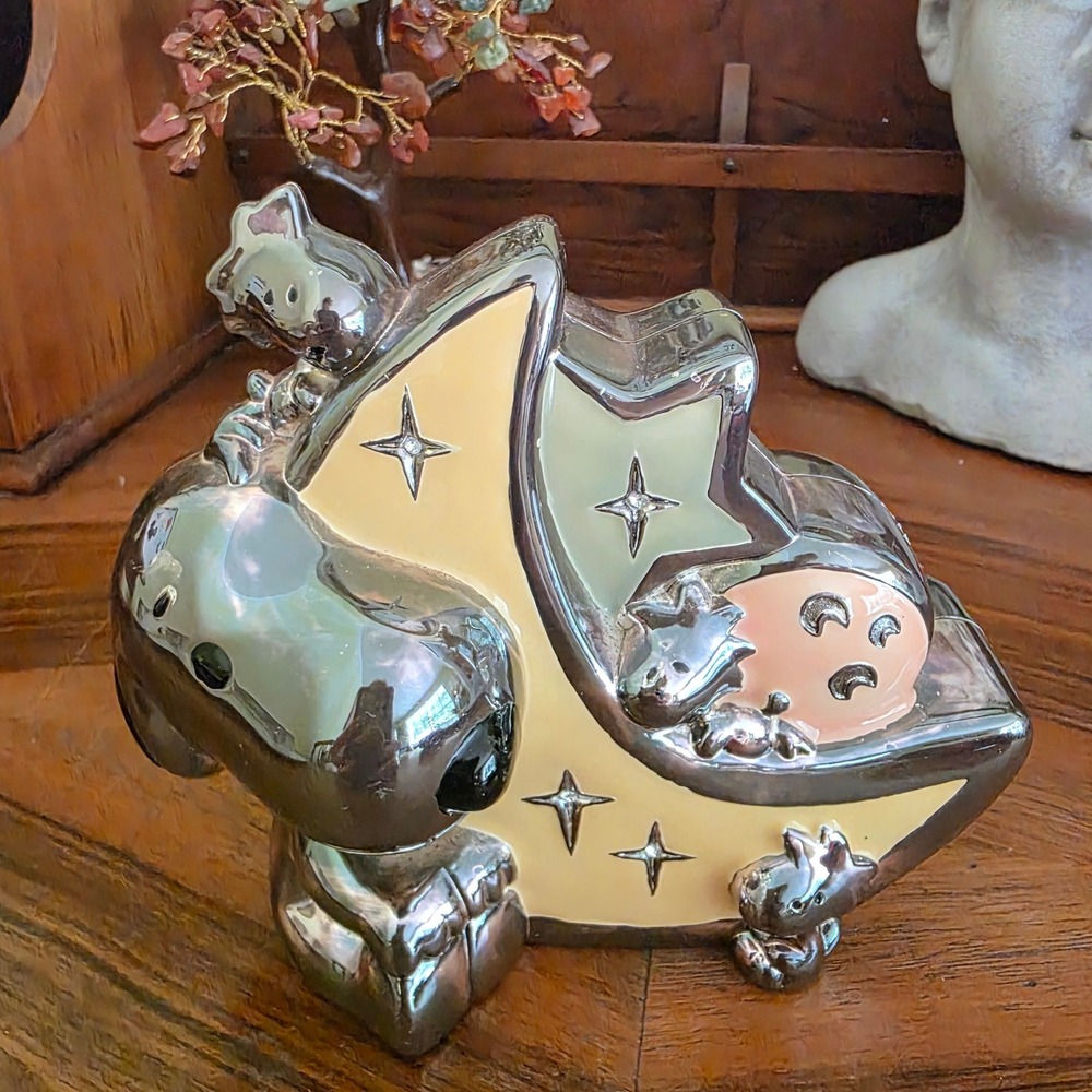 Vintage LENOX Baby Snoopy Silver Plated Enamel Moon Stars Coin Bank Decor